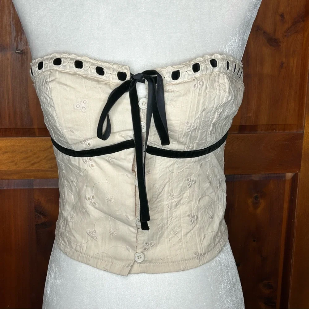 Forever 21 Eyelet Crop Top w Blk Velvet Ribbon Accent Coquette Fairycore Y2K - Picture 6 of 16
